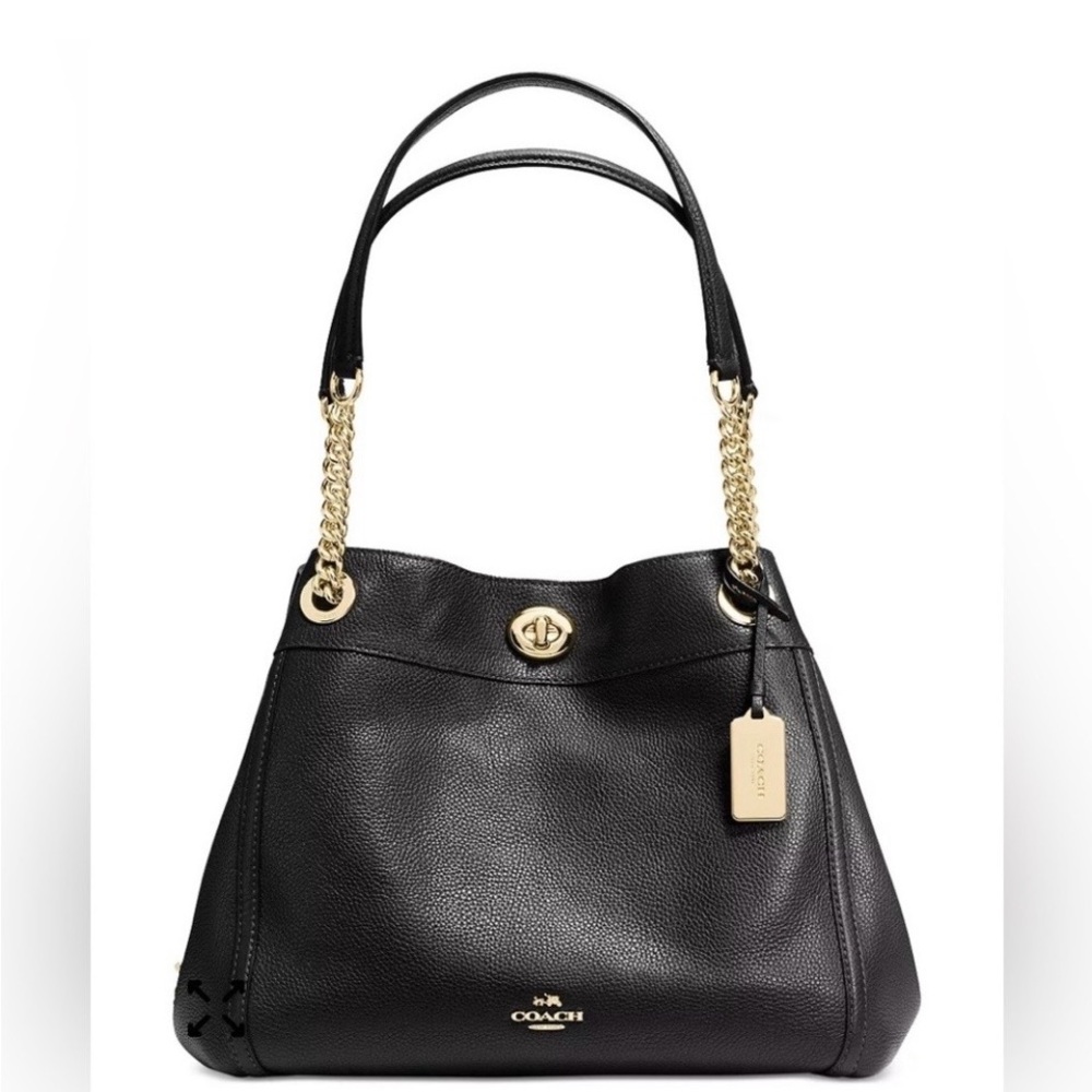 Sophisticated Coach Black Shoulder Bag with Gold Chain Straps
